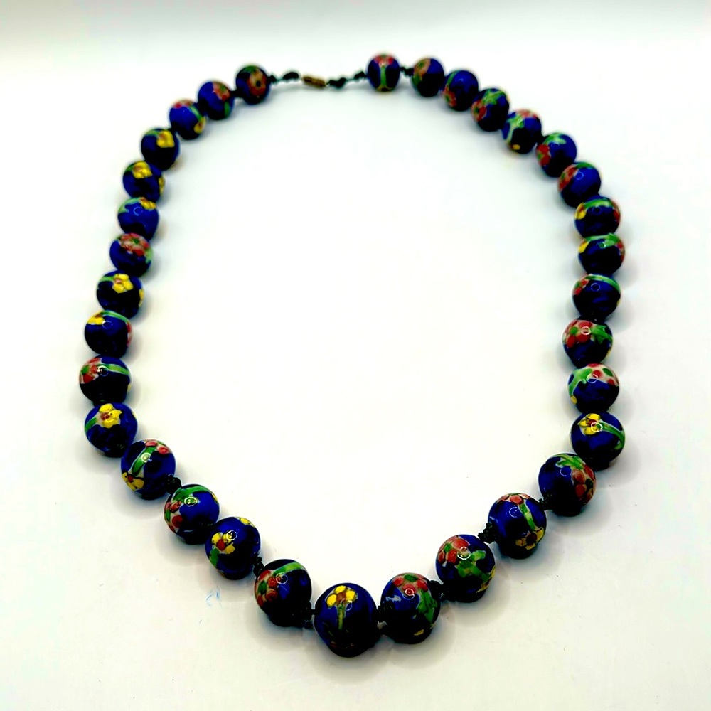 Cobalt blue hand painted floral clay necklace